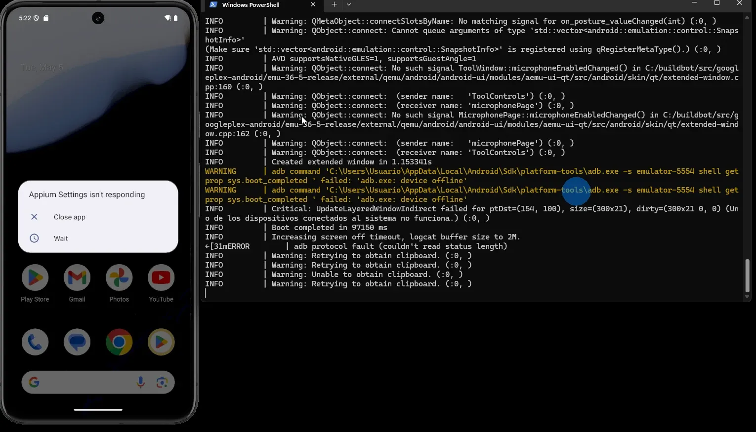 Emulador Android mostrando popup Appium Settings isn't responding con terminal de warnings device offline