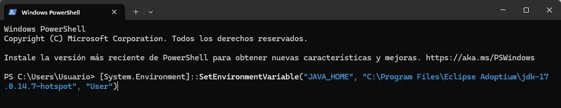 Terminal PowerShell ejecutando SetEnvironmentVariable para configurar JAVA_HOME apuntando a Eclipse Adoptium jdk-17