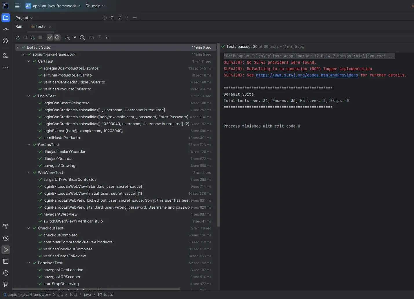 IntelliJ con suite completa de 36 tests pasados en 11 minutos mostrando DataProviders en LoginTest ProductDetailTest y WebViewTest