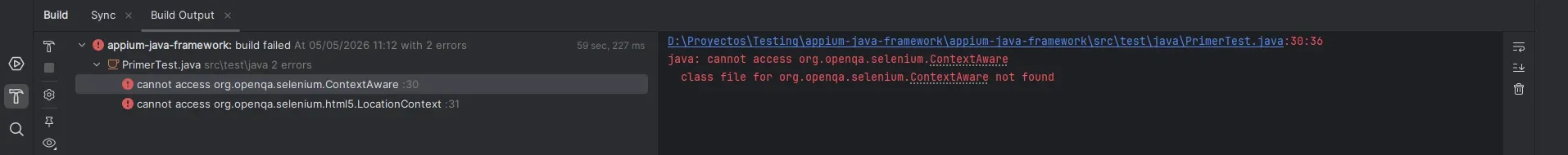 IntelliJ build failed con 2 errores cannot access org.openqa.selenium.ContextAware class file not found