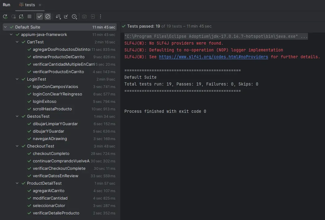 IntelliJ mostrando 19 tests pasados incluyendo GestosTest con navegarADrawing, dibujarYGuardar y dibujarLimpiarYGuardar