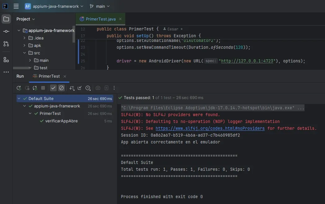 PrimerTest verde en IntelliJ contra Motorola G51 por USB en 26 segundos con Appium y UiAutomator2