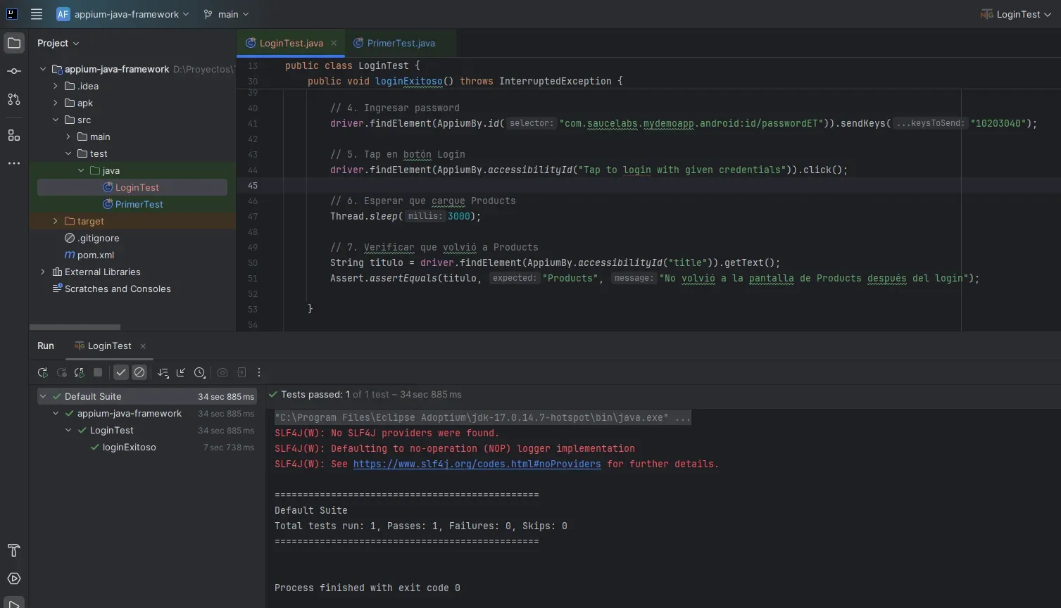 Test loginExitoso pasando en verde en IntelliJ con Appium, 7 segundos de ejecución y 34 segundos totales