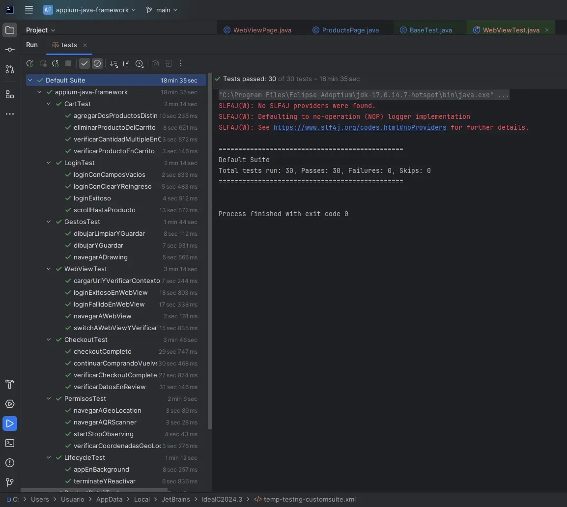 IntelliJ IDEA con resultado de 30 tests pasados incluyendo WebViewTest con 5 tests, CartTest, LoginTest, GestosTest, CheckoutTest, PermisosTest, LifecycleTest y ProductDetailTest