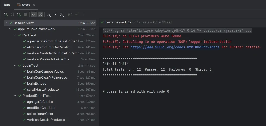 Consola de IntelliJ mostrando 12 tests pasados en 6 minutos 33 segundos con CartTest LoginTest y ProductDetailTest