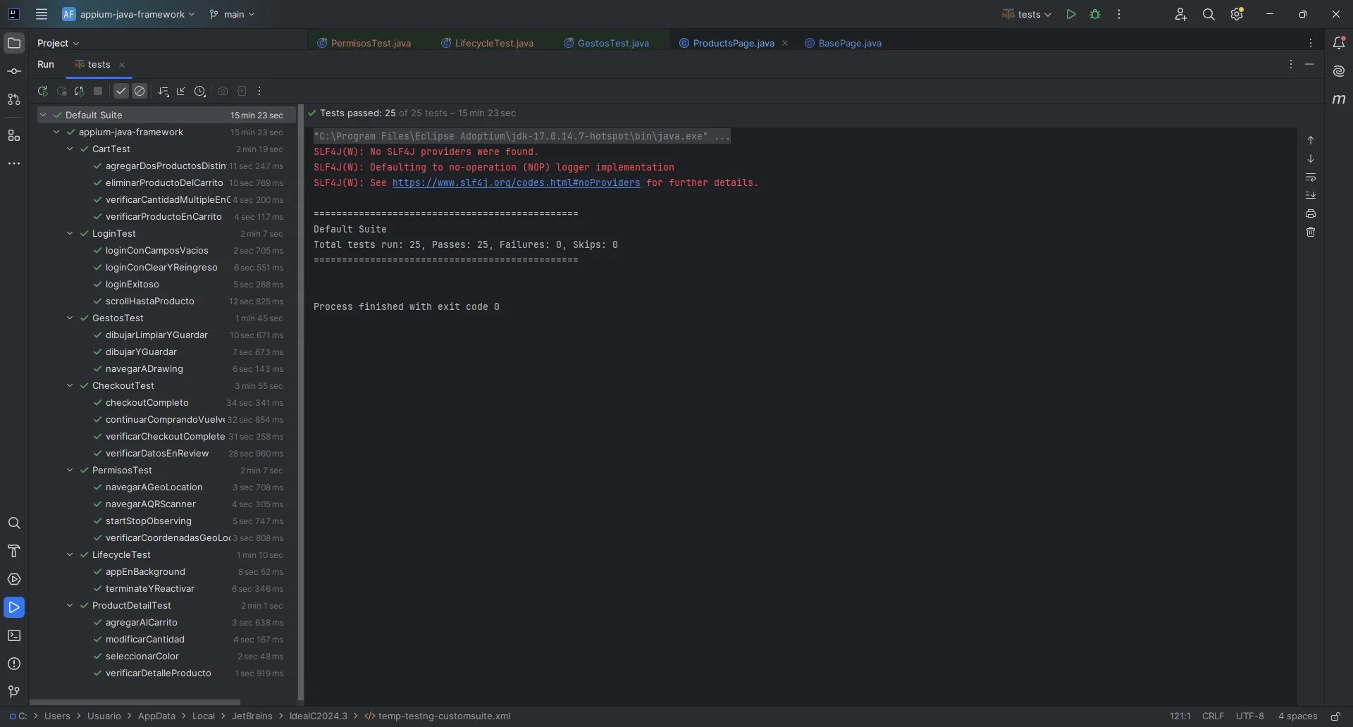 IntelliJ IDEA con resultado de 25 tests pasados incluyendo CartTest, LoginTest, GestosTest, CheckoutTest, PermisosTest, LifecycleTest y ProductDetailTest