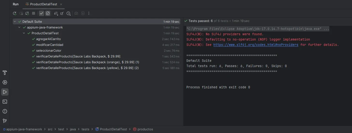 IntelliJ con ProductDetailTest 6 de 6 tests pasados mostrando tres variantes de Backpack parametrizadas con DataProvider