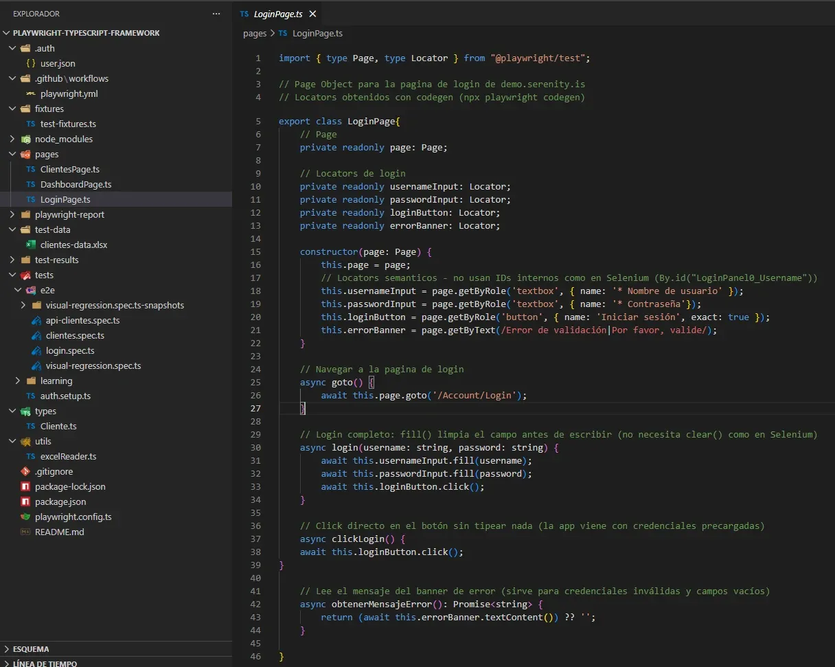 VS Code mostrando LoginPage.ts de Playwright con constructor que recibe Page, locators readonly y métodos async con await