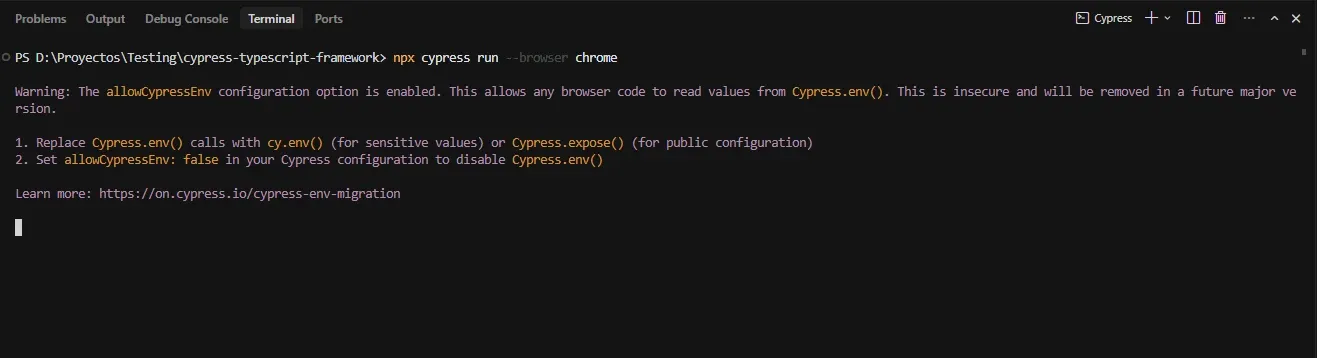 Terminal mostrando npx cypress run con Chrome colgado sin output después del warning