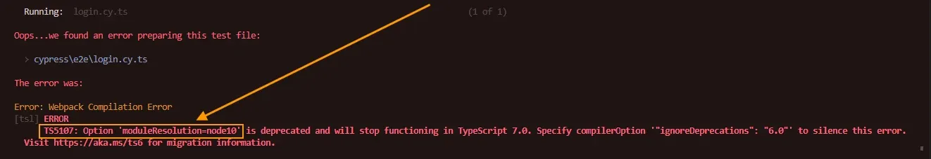 Error TS5107 moduleResolution node10 deprecated en Cypress con Webpack Compilation Error