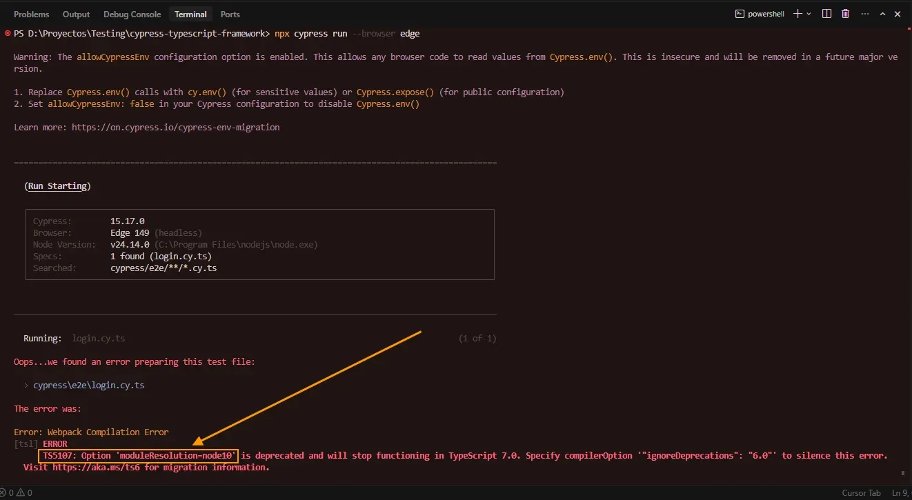 Terminal mostrando error TS5107 moduleResolution node10 deprecated al correr Cypress con Edge