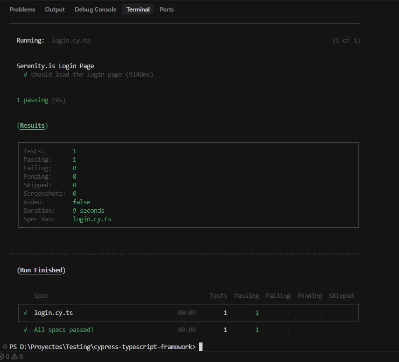 Terminal mostrando All specs passed con 1 test passing en Cypress headless con Edge 149