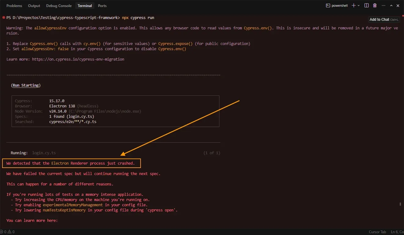 Terminal mostrando Electron Renderer process crashed al correr npx cypress run