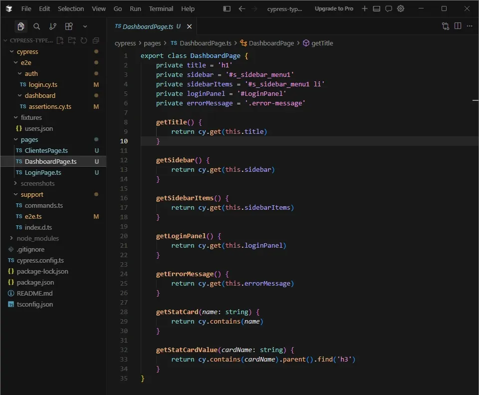 Cursor IDE mostrando DashboardPage.ts con selectores de título, sidebar y stat cards, todos los métodos retornando cy.get()