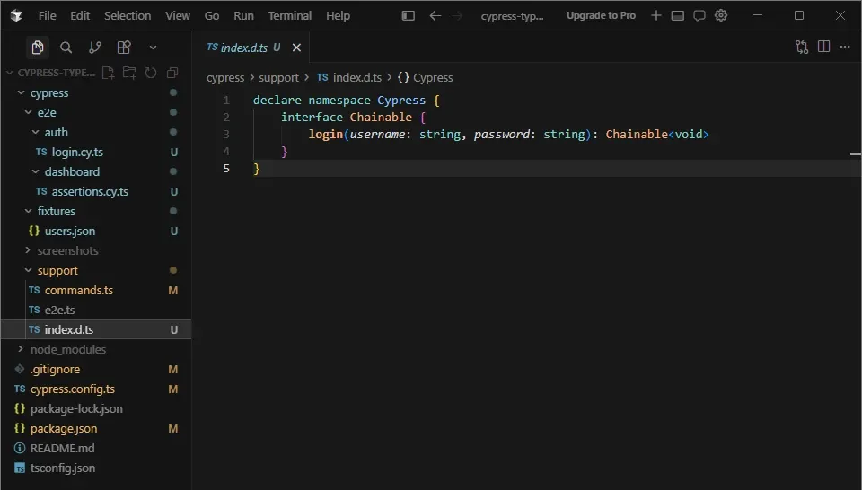Cursor IDE mostrando index.d.ts con la declaración TypeScript del custom command login en la interfaz Chainable de Cypress
