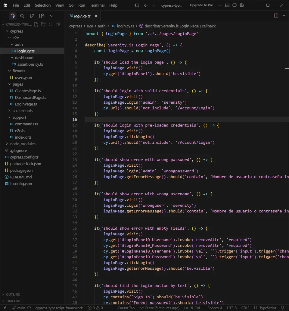 Cursor IDE mostrando login.cy.ts con import de LoginPage y 8 tests incluyendo wrong password, wrong username y empty fields