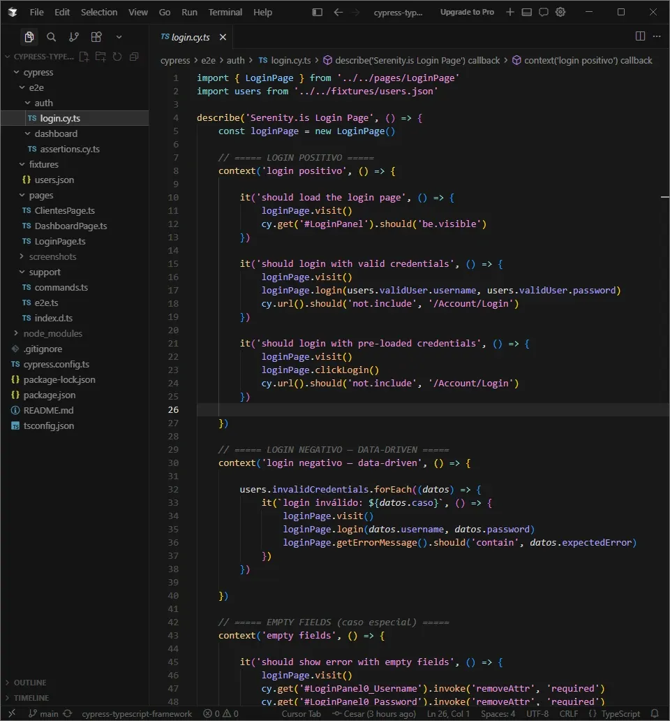 Cursor IDE mostrando login.cy.ts con import de users.json, context login positivo con 3 tests, context login negativo data-driven con forEach sobre invalidCredentials