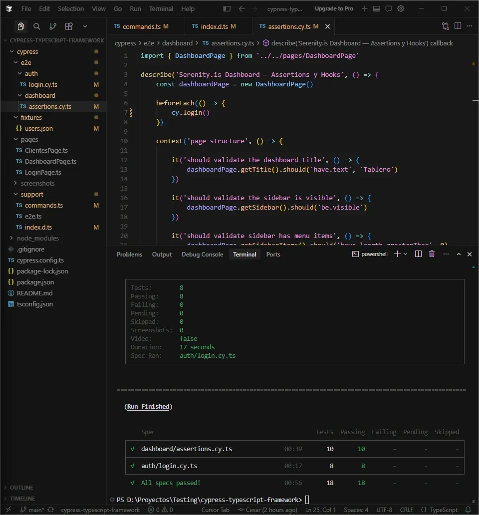 Terminal mostrando All specs passed con 18 tests verdes, dashboard assertions.cy.ts 10 passing y auth login.cy.ts 8 passing en 56 segundos