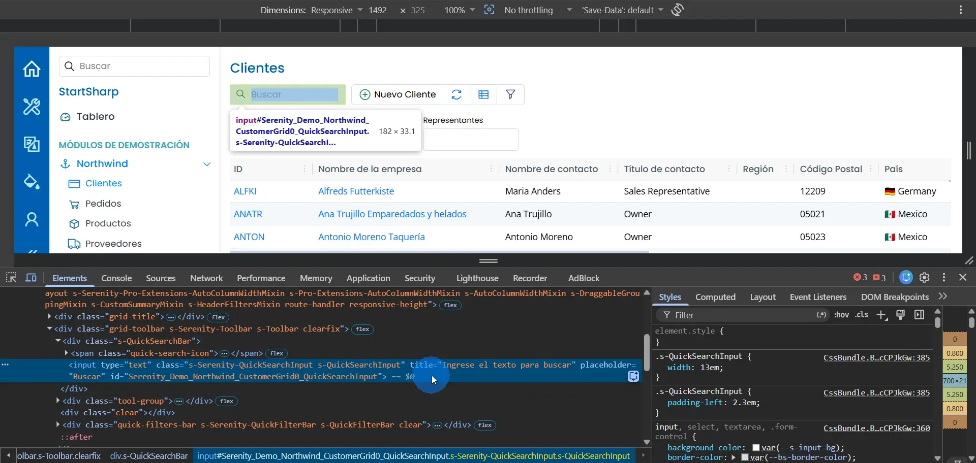 DevTools mostrando input del buscador con clase s-QuickSearchInput placeholder Buscar y title Ingrese el texto para buscar