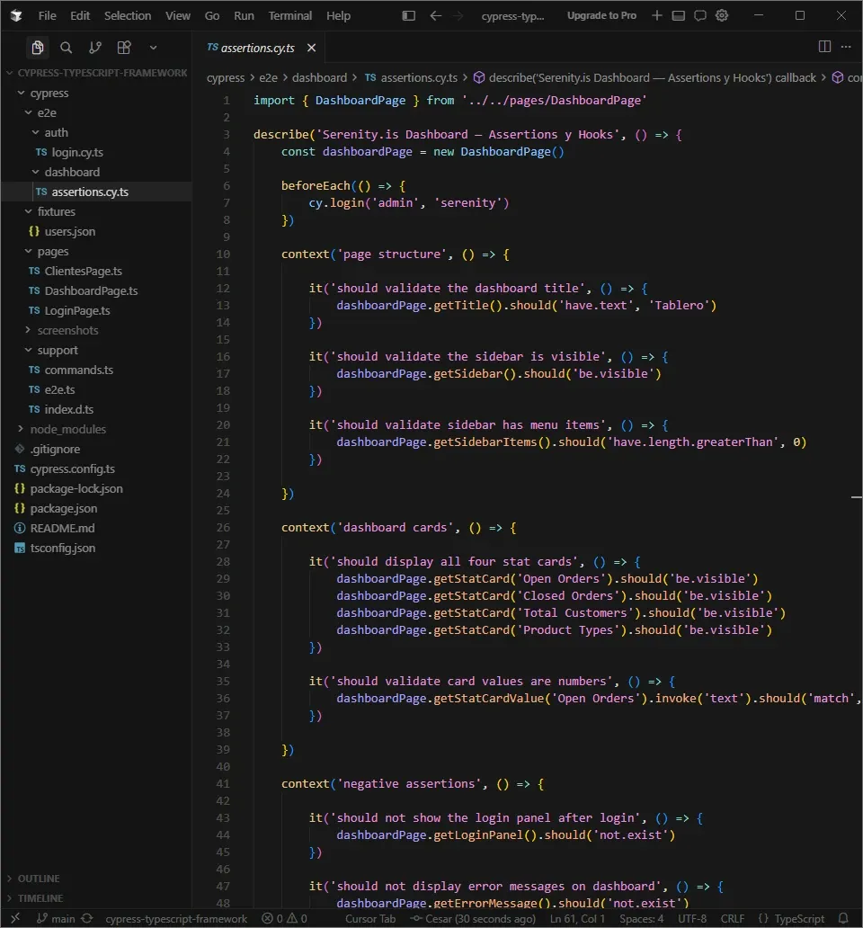 Cursor IDE mostrando assertions.cy.ts con import de DashboardPage, instancia en el describe y métodos como getTitle y getSidebar
