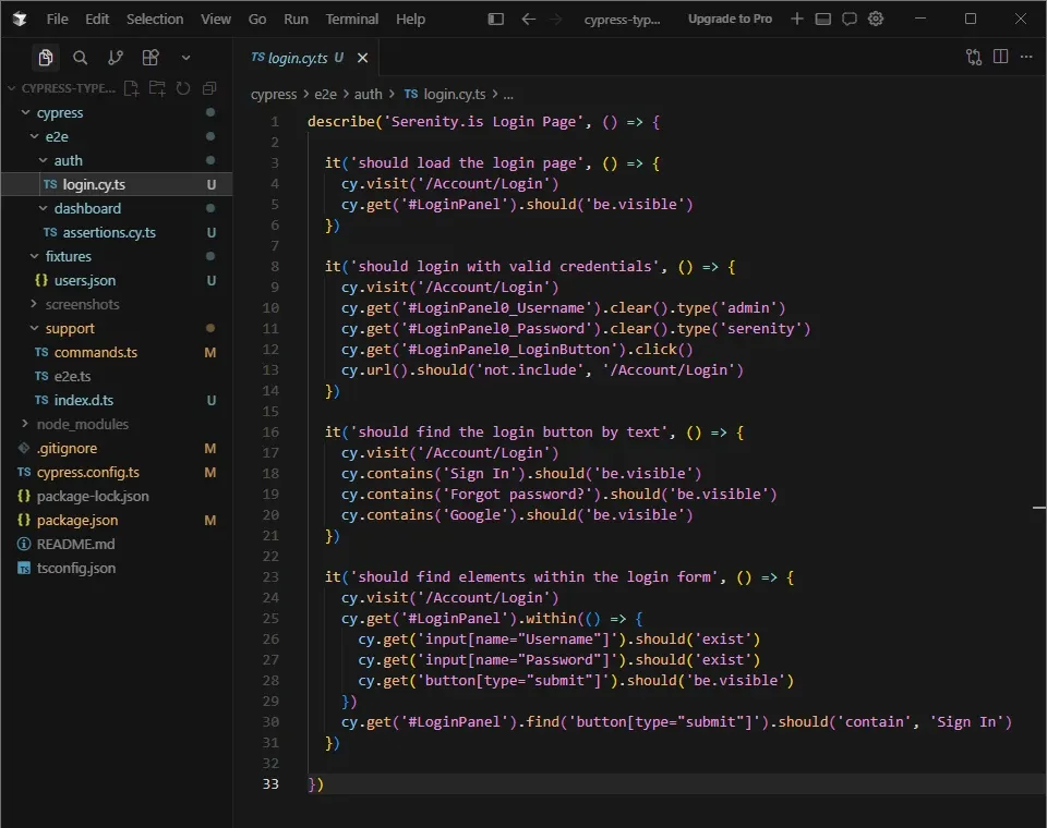 Cursor IDE mostrando login.cy.ts con el login inline en cada test, sin usar el custom command, testeando la página de login directamente