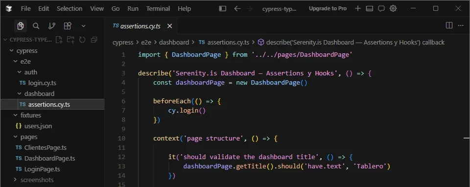 Cursor IDE mostrando assertions.cy.ts con beforeEach usando cy.login() sin argumentos, DashboardPage importado y context page structure