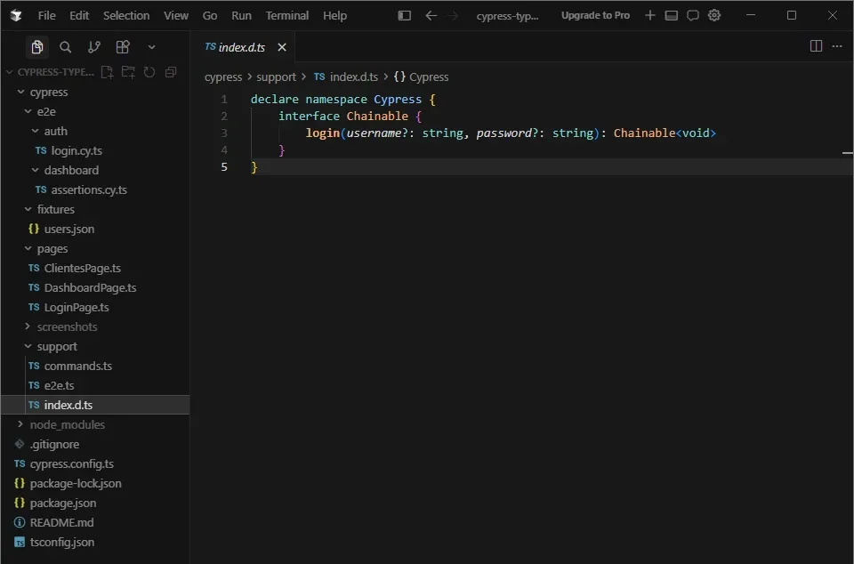 Cursor IDE mostrando index.d.ts con declare namespace Cypress, interface Chainable y método login con username y password opcionales
