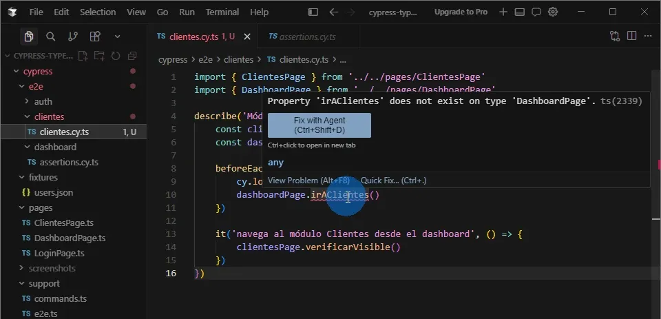 Cursor IDE con error TypeScript Property irAClientes does not exist on type DashboardPage en clientes.cy.ts línea 10