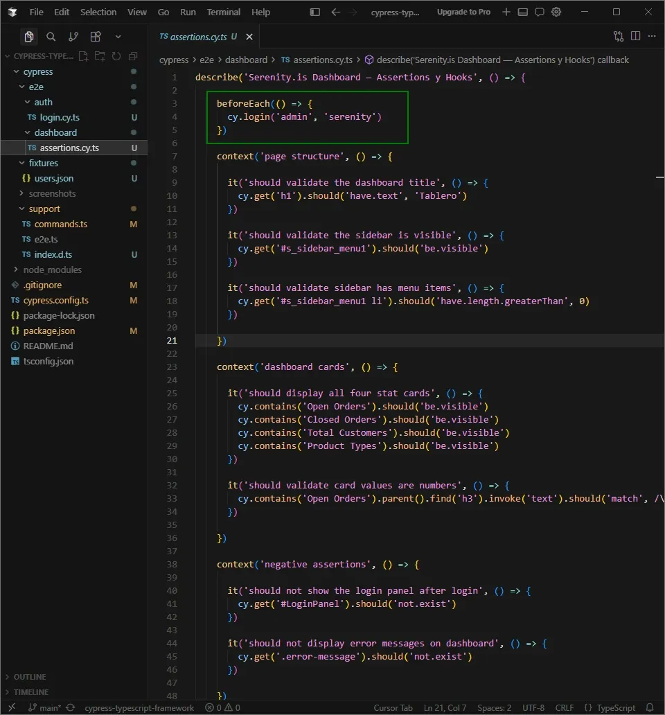Cursor IDE mostrando assertions.cy.ts con beforeEach usando cy.login('admin', 'serenity') y la estructura de specs por módulo