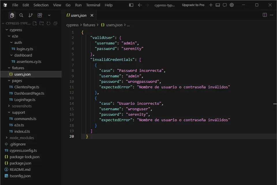 Cursor IDE mostrando users.json con objeto validUser con username y password, y array invalidCredentials con dos objetos con caso, username, password y expectedError