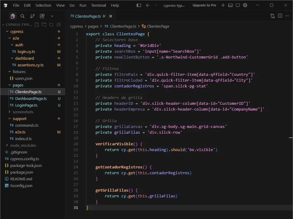 Cursor IDE mostrando ClientesPage.ts con selectores de grilla SlickGrid, filtros Select2, headers y 3 métodos base