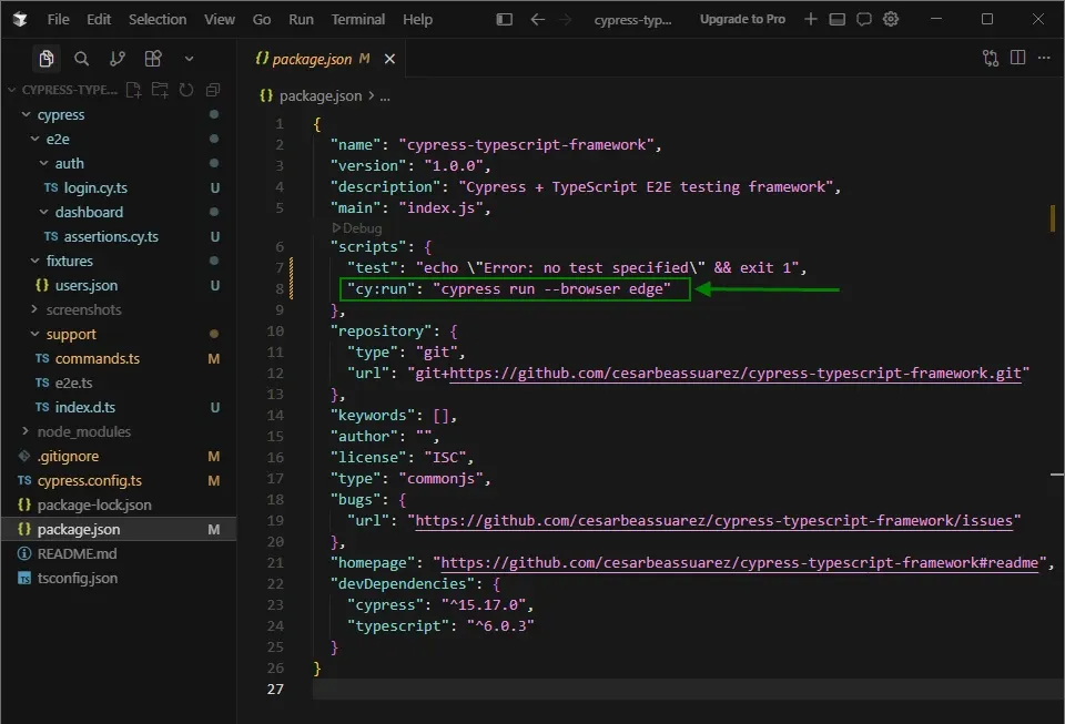 Cursor IDE mostrando package.json con el script cy:run cypress run --browser edge resaltado con flecha verde