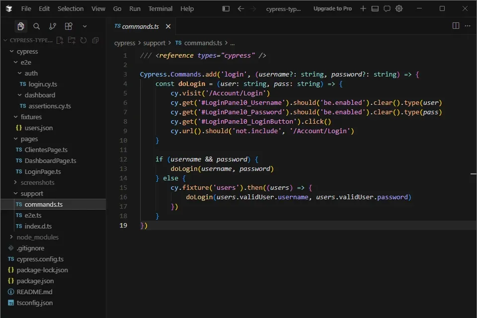 Cursor IDE mostrando commands.ts con función doLogin interna, condicional if/else y cy.fixture users como fallback cuando no recibe argumentos