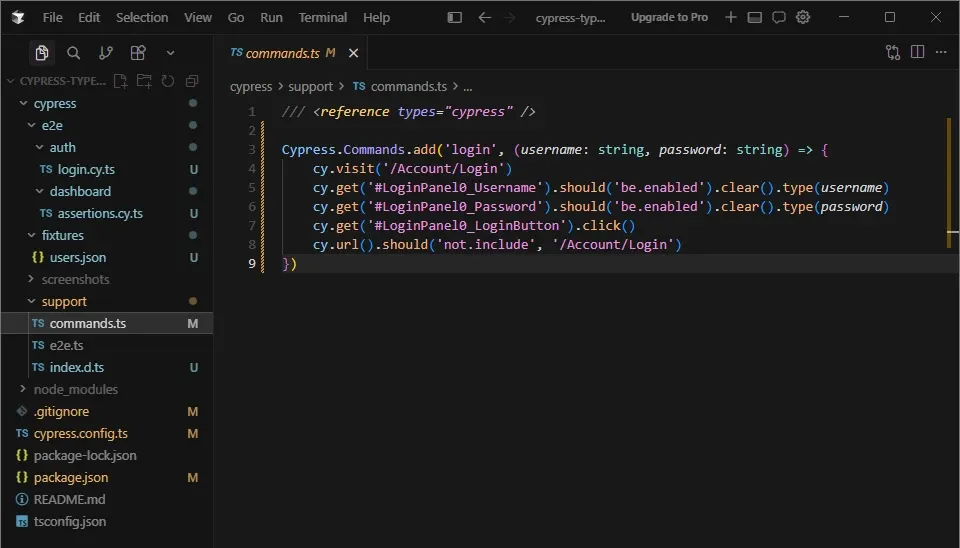 Cursor IDE mostrando commands.ts con el custom command cy.login() y la estructura de carpetas auth y dashboard en el sidebar