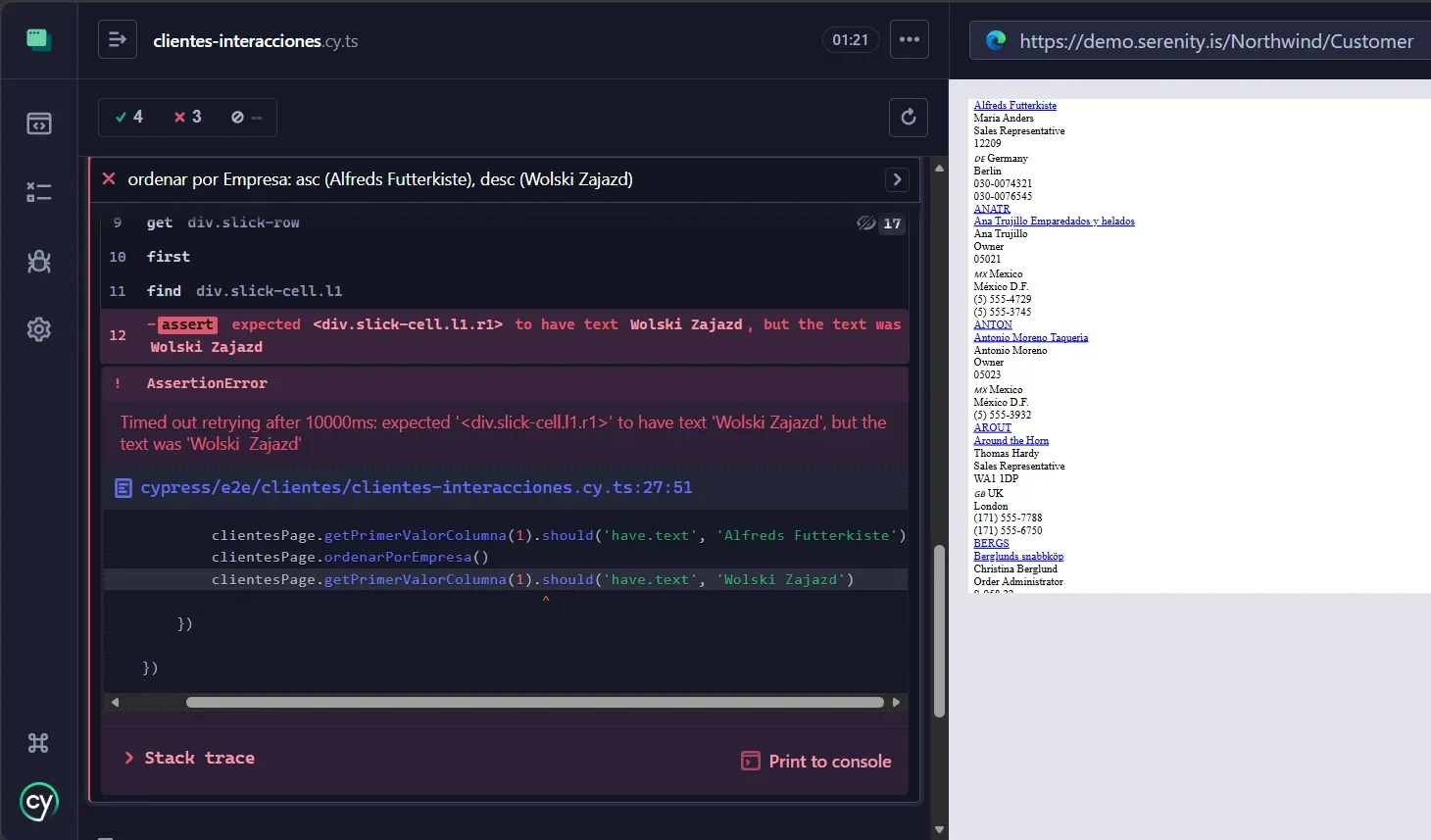 Cypress error assert expected div slick-cell to have text Wolski Zajazd but the text was Wolski con doble espacio Zajazd