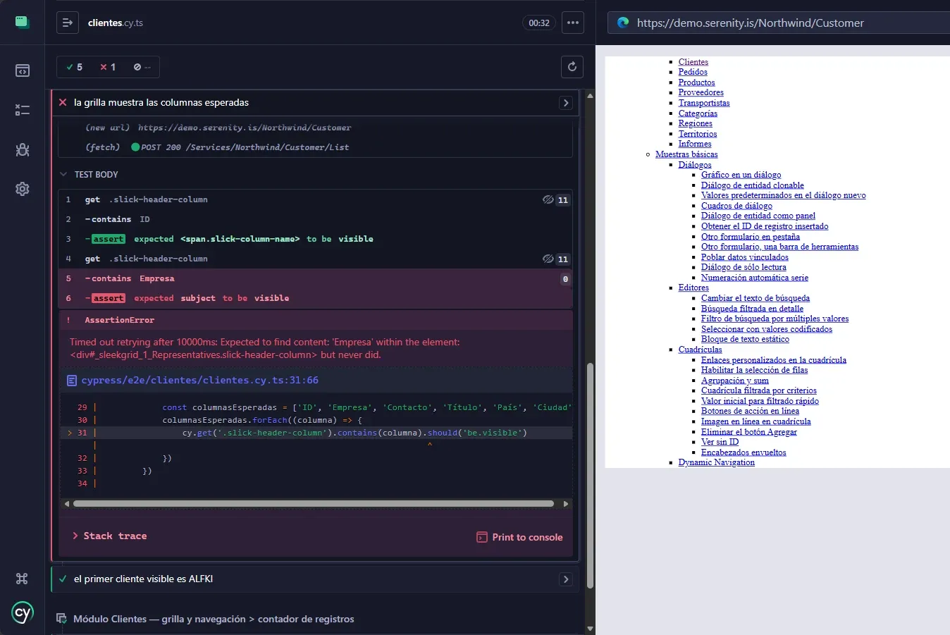 Cypress error detail Timed out retrying Expected to find content Empresa within slick-header-column mostrando array con ID Empresa Contacto Título