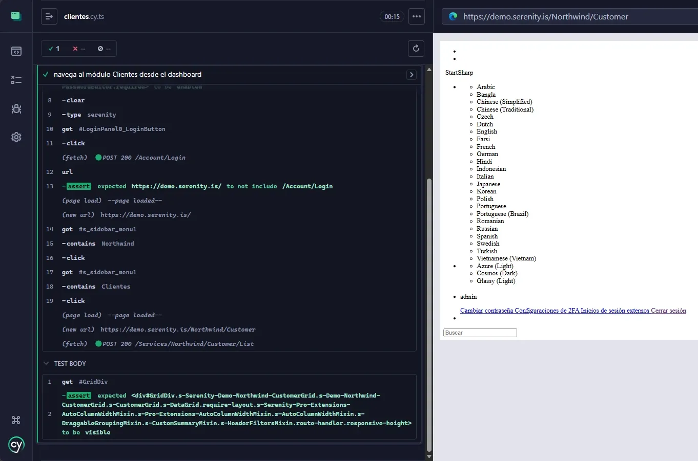 Cypress Test Runner con test verde navega al módulo Clientes mostrando pasos login, get sidebar, contains Northwind, contains Clientes y URL Northwind Customer