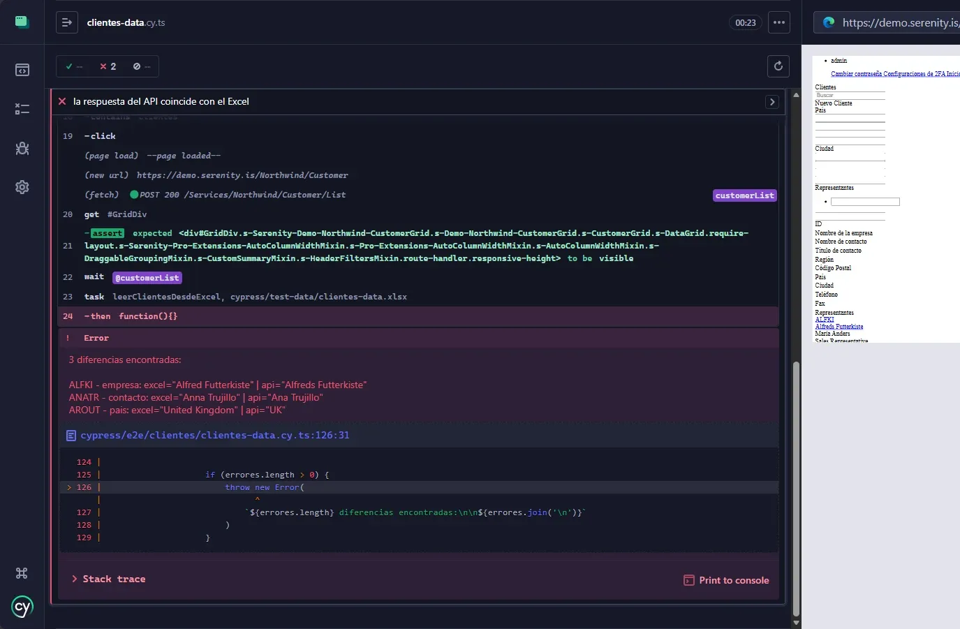 cy.intercept mostrando 3 diferencias encontradas entre Excel y respuesta del API para ALFKI empresa ANATR contacto y AROUT pais