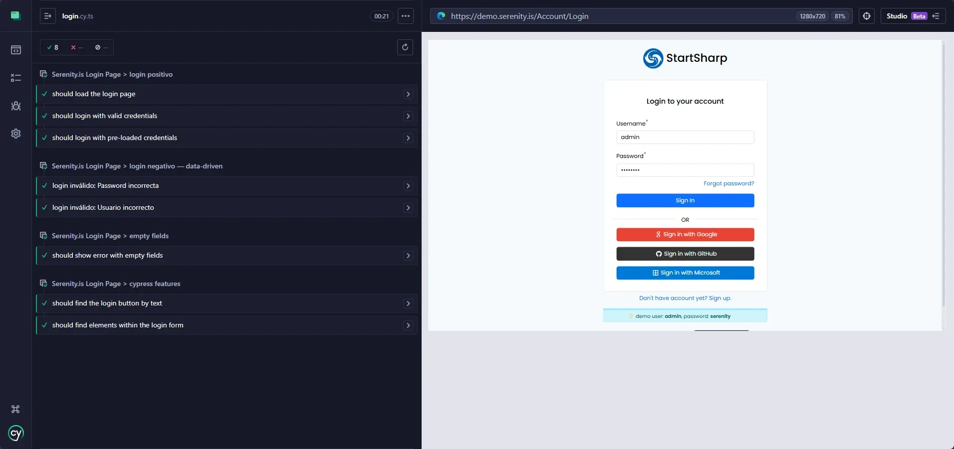 Cypress Test Runner mostrando 8 tests verdes en 4 context blocks: login positivo, login negativo data-driven, empty fields y cypress features