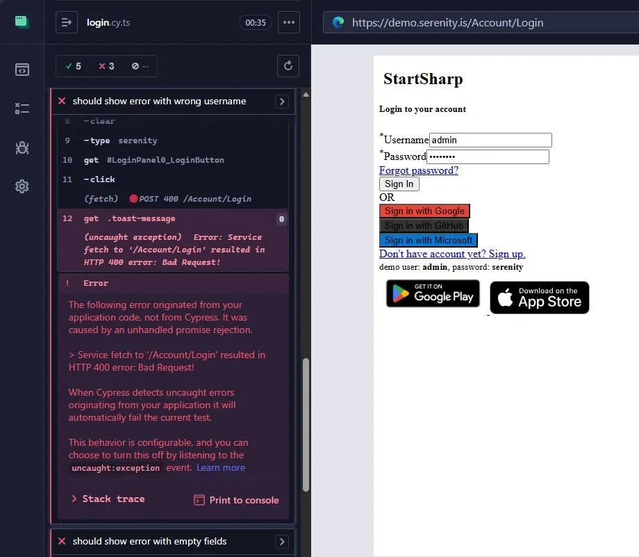 Cypress Test Runner mostrando error uncaught exception Service fetch to Account Login resulted in HTTP 400 Bad Request
