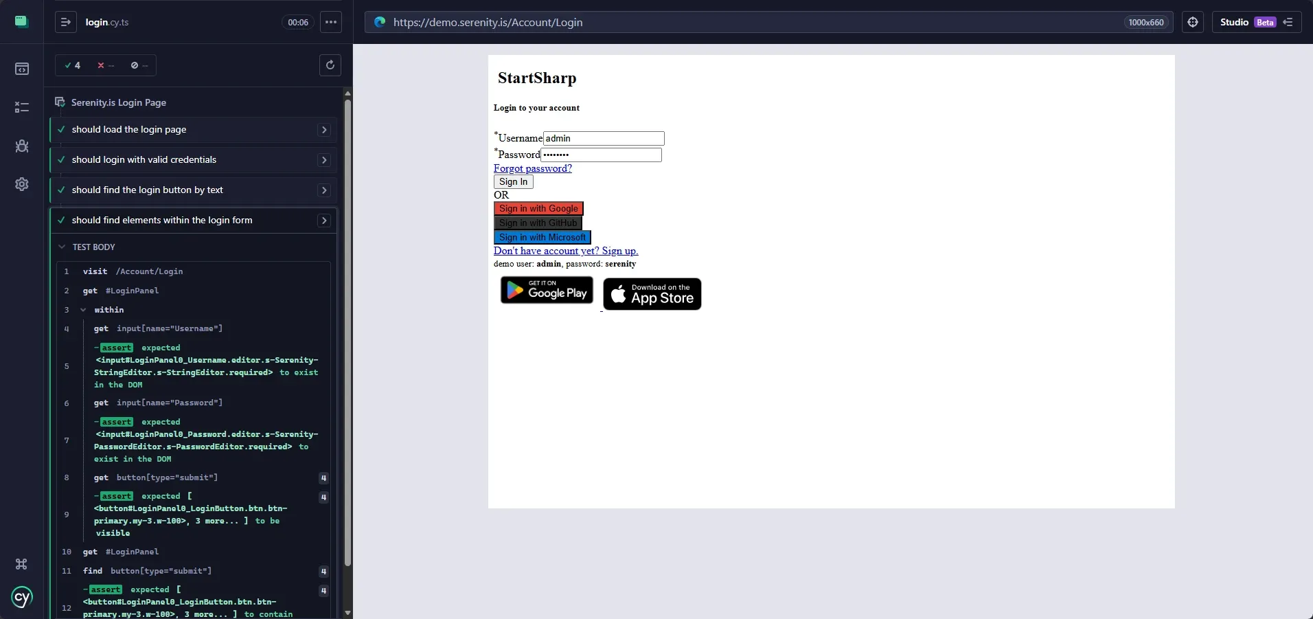Cypress Test Runner mostrando el test should find elements within the login form con pasos de within, get y find ejecutados