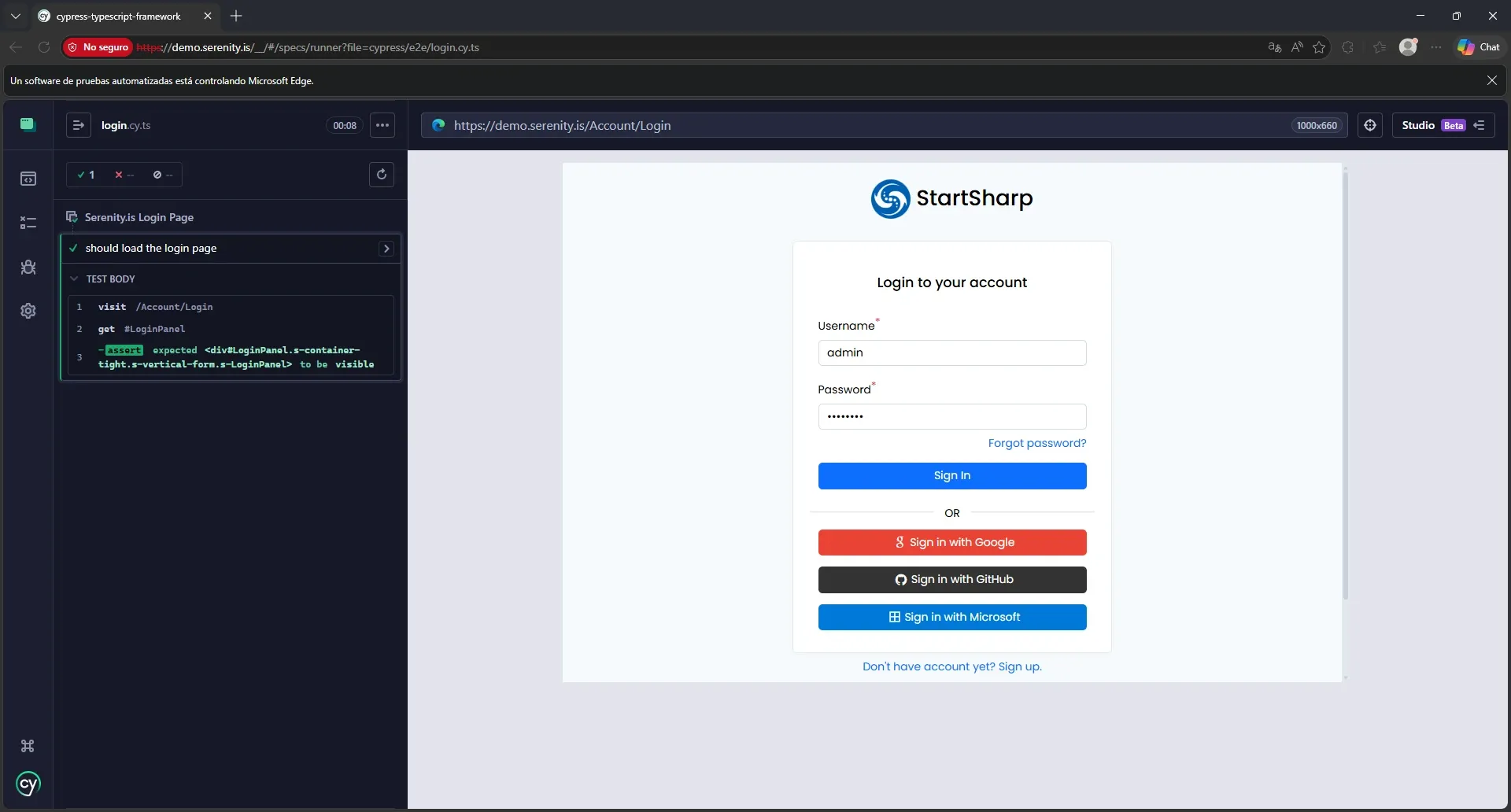 Cypress Test Runner en Edge mostrando test verde con login de Serenity.is y pasos visit, get, assert