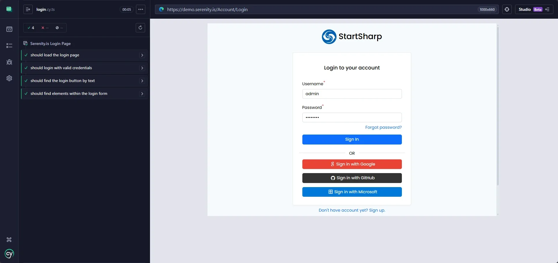 Cypress: selectores, comandos y login completo contra Serenity.is