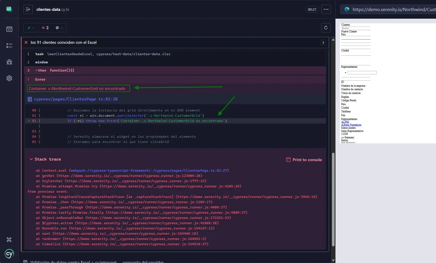 Error Container s-Northwind-CustomerGrid no encontrado con flechas señalando el querySelector y el throw en ClientesPage.ts