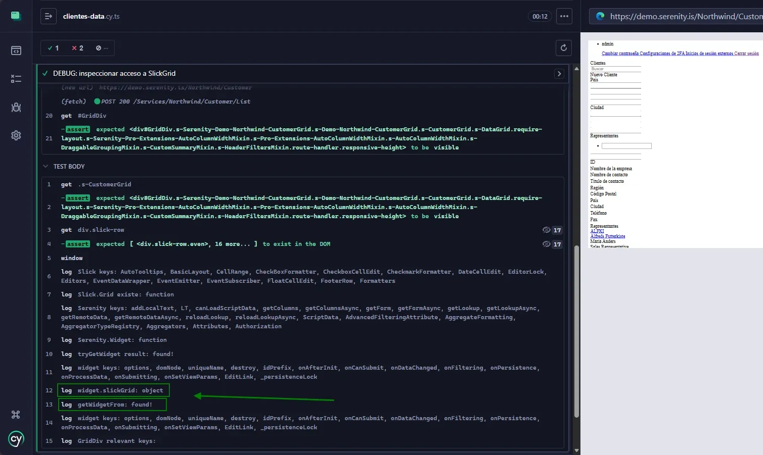 Test de debug en Cypress mostrando logs tryGetWidget result found y widget.slickGrid object confirmando acceso al grid de Serenity