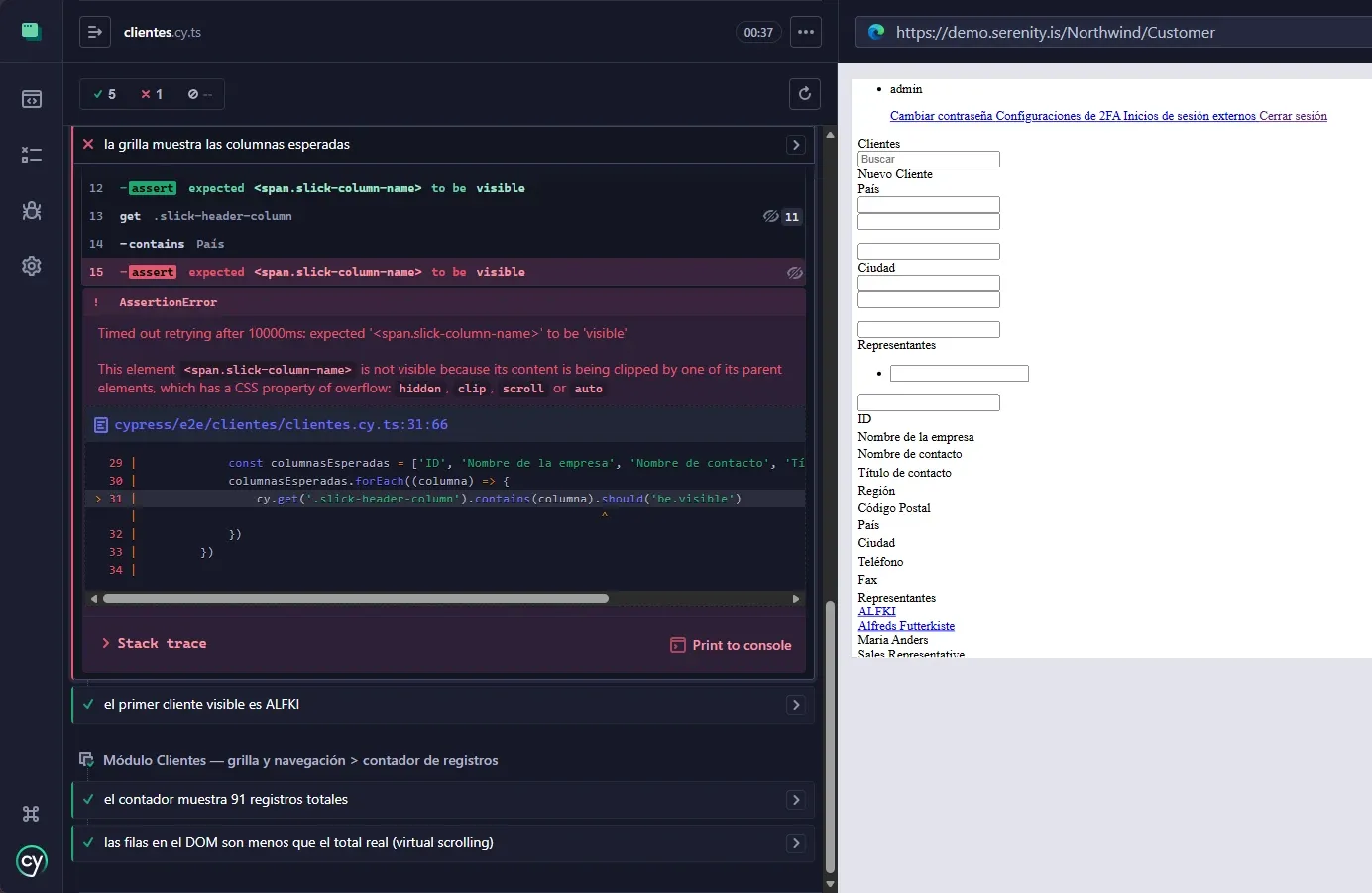 Cypress error element span slick-column-name is not visible because content is clipped by parent with CSS overflow hidden clip scroll or auto