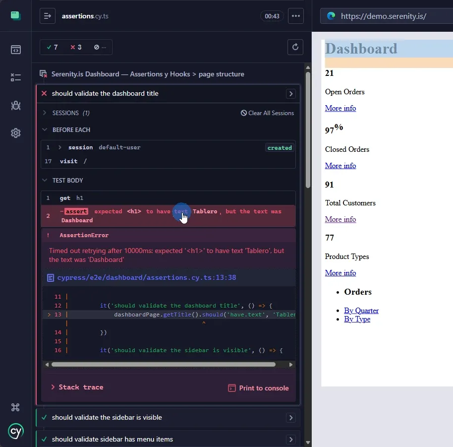 Cypress runner assert expected h1 to have text Tablero but text was Dashboard session created UI en inglés Open Orders Product Types