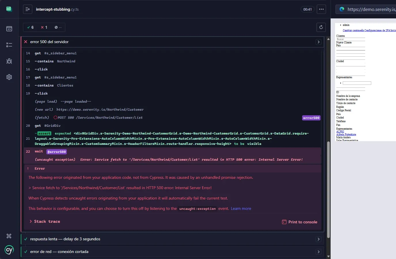 Cypress mostrando 6 passing 1 failing con uncaught exception Service fetch resulted in HTTP 500 error Internal Server Error