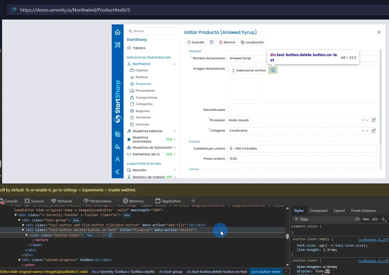 DevTools Editar Producto Aniseed Syrup botón eliminar delete-button no-text sin clase disabled antes de upload sin imagen cargada