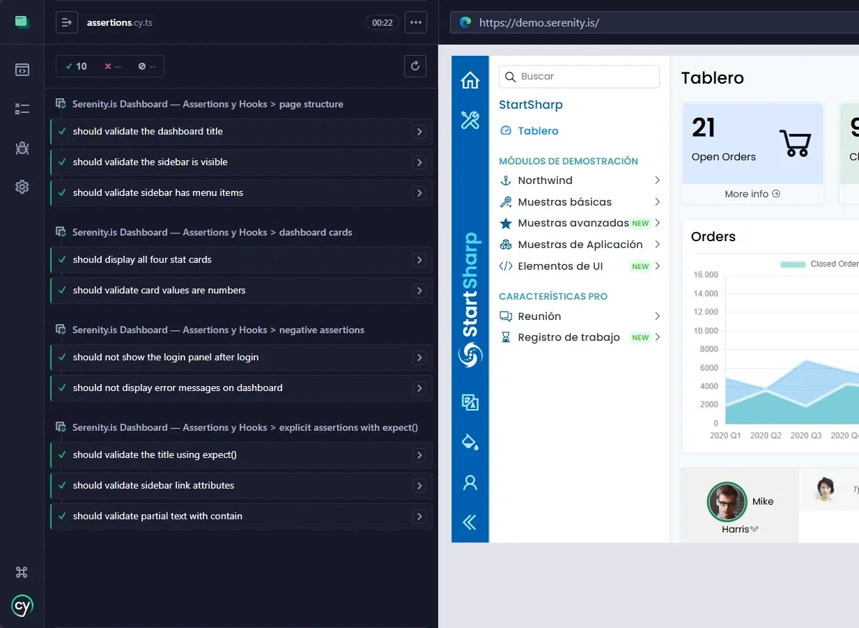 Cypress runner assertions.cy.ts 10 passing todos verdes dashboard en español Tablero Buscar Módulos de Demostración Características Pro